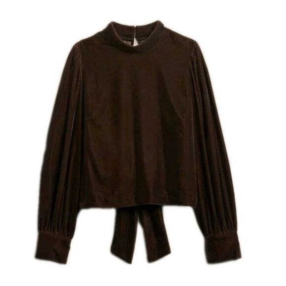 Banana Republic Blouse Womens Chocolate Velvet Mock Neck Open Back Tie Waist Med - Picture 5 of 8